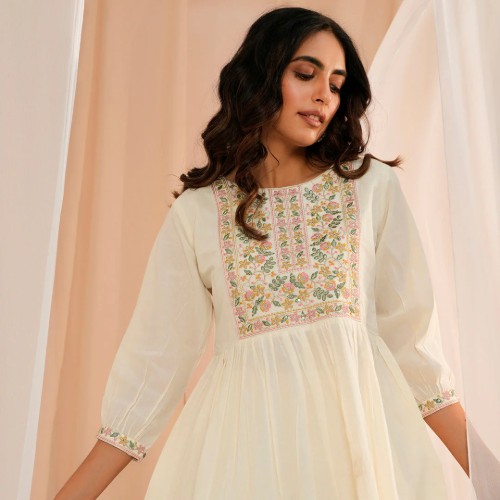 Off White Yoke Design Cotton A-Line Kurti