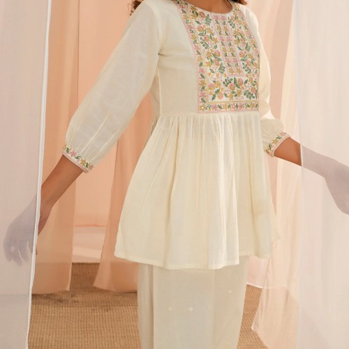 Off White Yoke Design Cotton A-Line Kurti